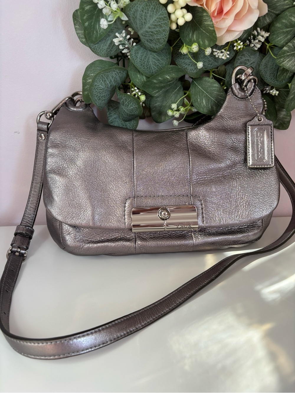 Coach Metallic pewter Leather Shoulder Bag